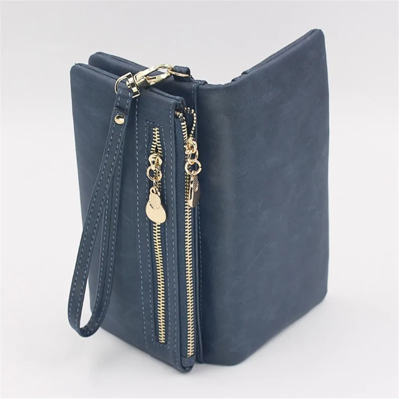 Wallets for Women Dull Polish Leather Wallet Double Zipper Day Clutch Purse Wristlet Portefeuille Handbags Carteras Para Mujer