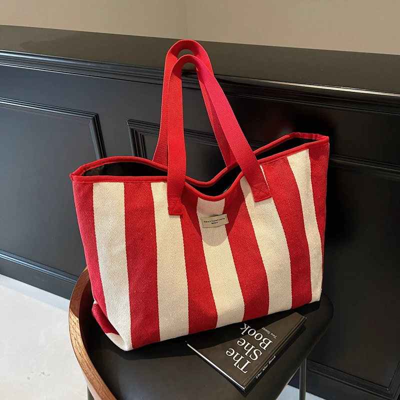 Полосатые холщовые сумки на плечо большой вместимости молнии модные супер