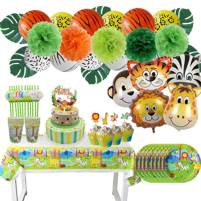 

Детские украшения для дня рождения в джунглях, джунгли, животные, Лев, сафари, детский душ, торт, Топпер, шары из фольги, одноразовая посуда
