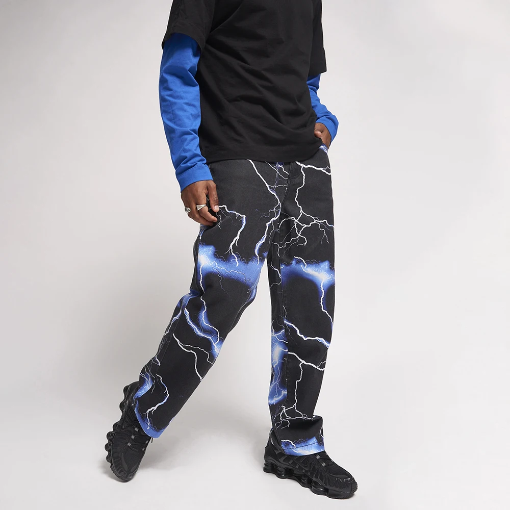 Vibe Style Lightning Print Tie Dye Men Straight Jeans Trousers Hiphop Vintage Harajuku Denim Pants High Street Blitz