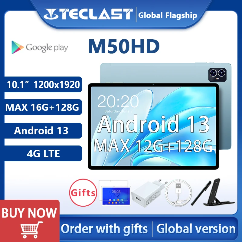 

【NEW】Teclast M50HD Tablet MAX 16GB+128GB 10.1" 2K Android 13 1920x1200 UNISOC T606 Octa Core 4G Network Type-C Camera 5MP+13MP