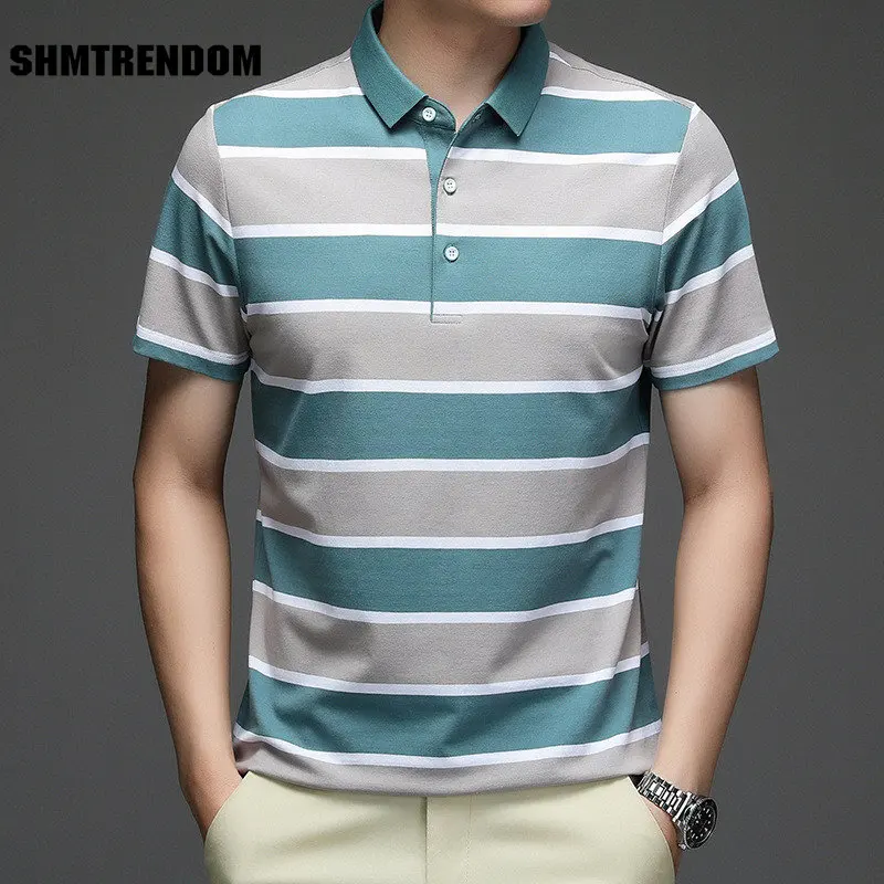 

SHMTRENDOM новая полосатая мужская рубашка-поло, хлопковая летняя рубашка с коротким рукавом и воротником, повседневные топы, рубашка, Мужская к...