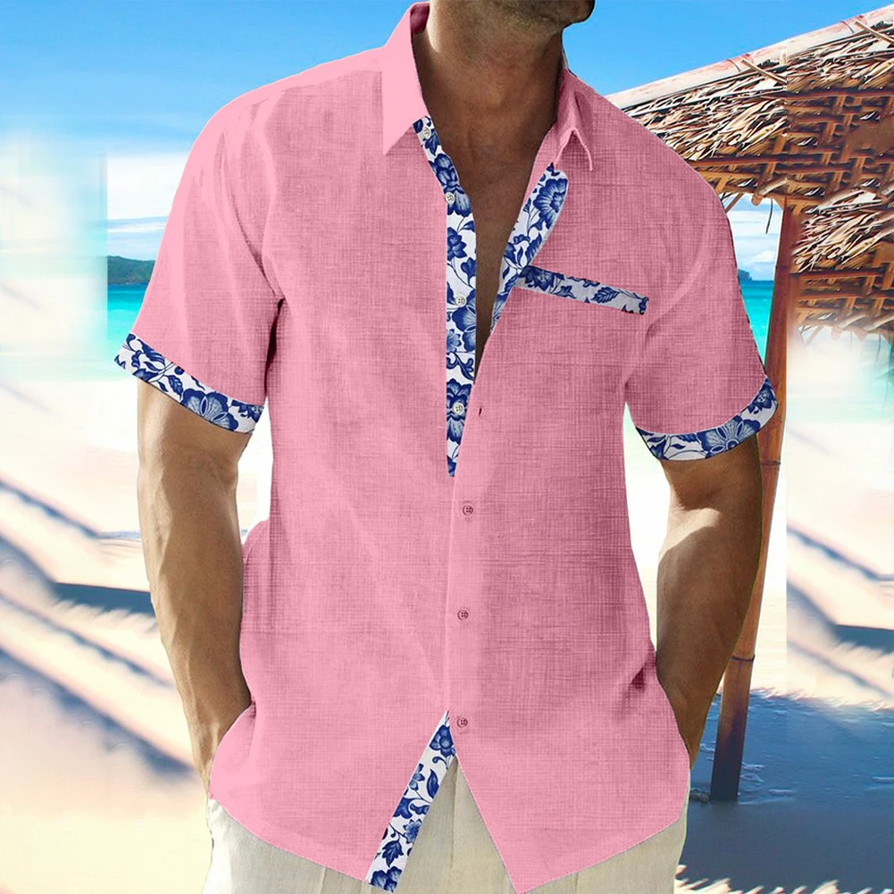 2023 Summer Fashion Men's Hawaiian Linen Shirt Men's Casual Lace Printed Beach Pocket Short Sleeve Plus Size Button Down Tee Top