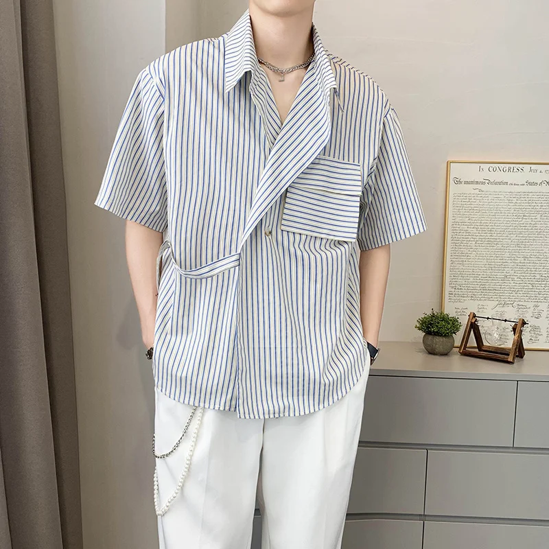 Summer Short Sleeve Shirts Men Fashion Society Mens Dress Shirts Korean Loose Pocket Casual Shirts Mens Striped Shirts M-2XL