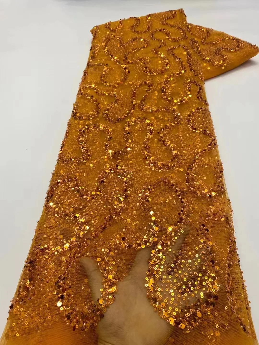 

Orange Best Quality Sequin Lace Fabric Beaded Lace Fabric Nigeria Net Lace for Wedding Party African French Tulle Lace Fabric