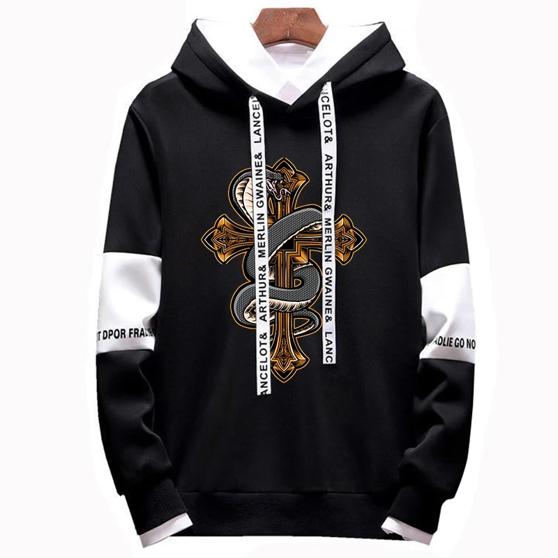 

Men Faith Cross Jesus Print Pullover Hoodies Man Splicing Designer Casual Sweatshirts Fashion Long Sleeve Sport Tops for Male