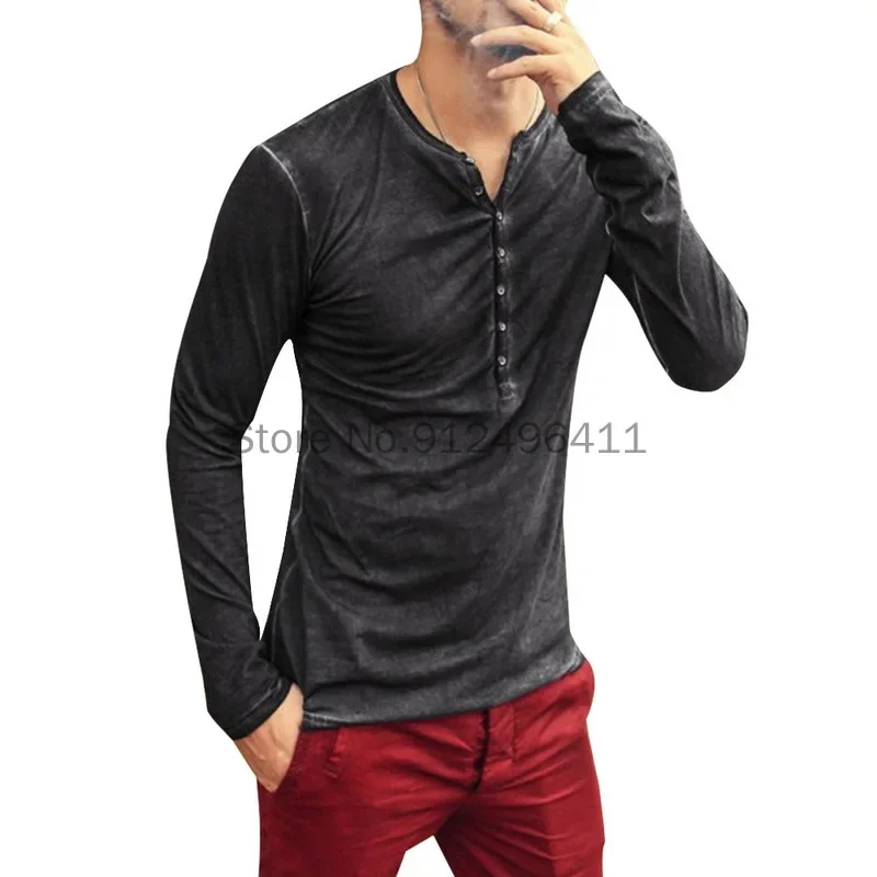 Men Medieval Tee Shirt V-neck Long Sleeve Tee&ampTops Stylish Slim Buttons T-shirt Autumn Casual Solid Male Clothing Maxi Top