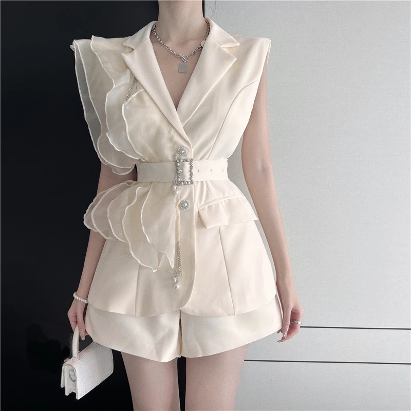 

Office Lady Elegant Suit Women Notched Sleeveless Ruffles Slim Belt Vest Jacket + Wide leg Shorts 2 Piece Sets 2022 New Summer