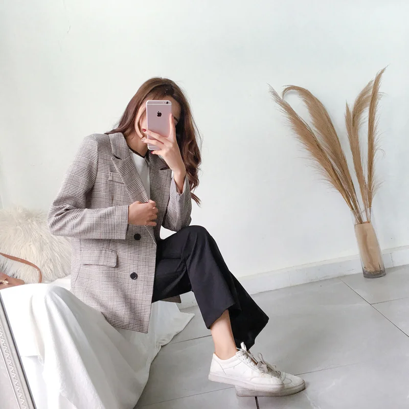 Office Ladies Lapel Plaid Women's Blazer Double-breasted Autumn Long-sleeved Jacket 2022 Casual Pocket Women's Short Blazer