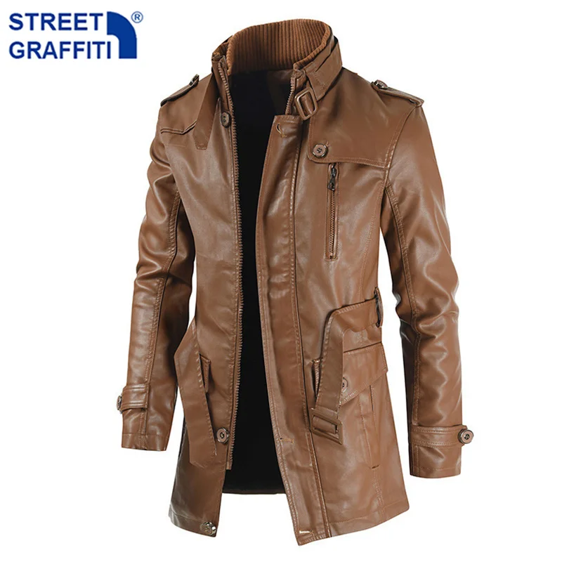 

Men Winter Long Thick Fleece PU Leather Jacket Mens Streetwear Casual Business Clothing Porcket Leather Jackets Coat Outwear Men