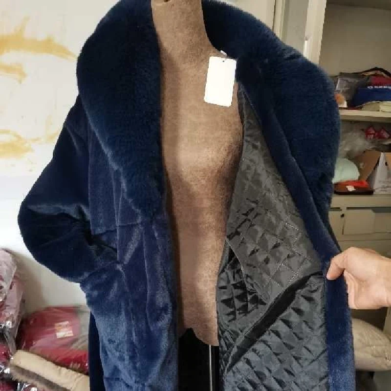 Oversize Faux Fur Coat Winter Women X-Long Fox Fur 2022 New Fashion Lapel Solid Belt Thick Warm Loose Parkas Famale Clothing Top
