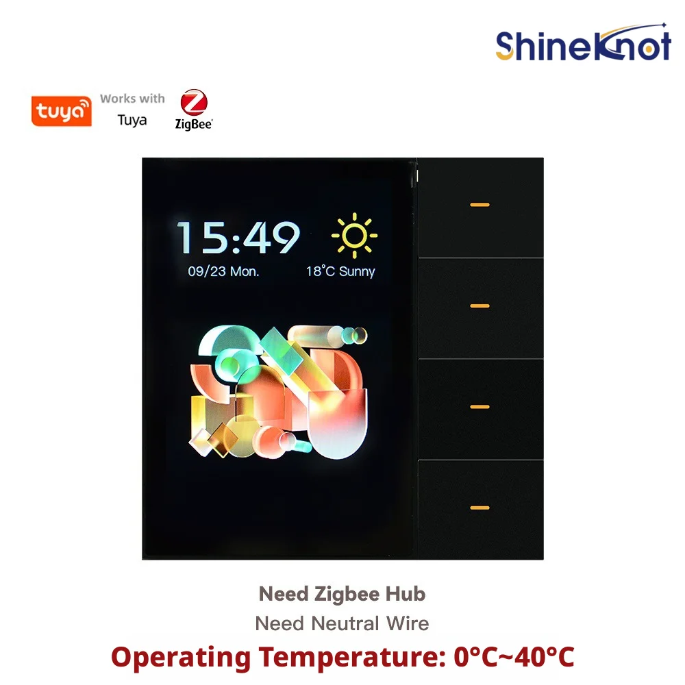 Фото Умный выключатель Shineknot Tuya с 3,5-дюймовым экраном и 4-значной кнопкой Zigbee для управления всем домом, управление умным домом №2