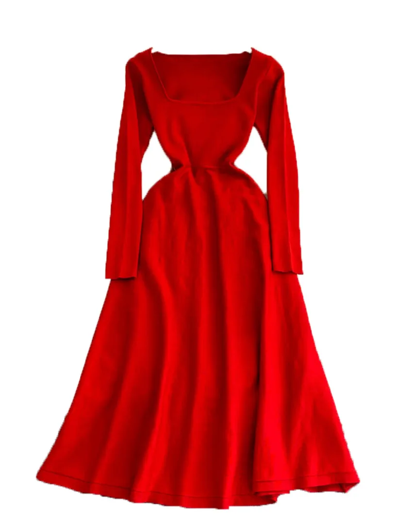 

Элегантное женское винтажное платье Foamlina, вечернее платье-миди с квадратным вырезом, длинным рукавом и высокой талией, модная одежда на осе...