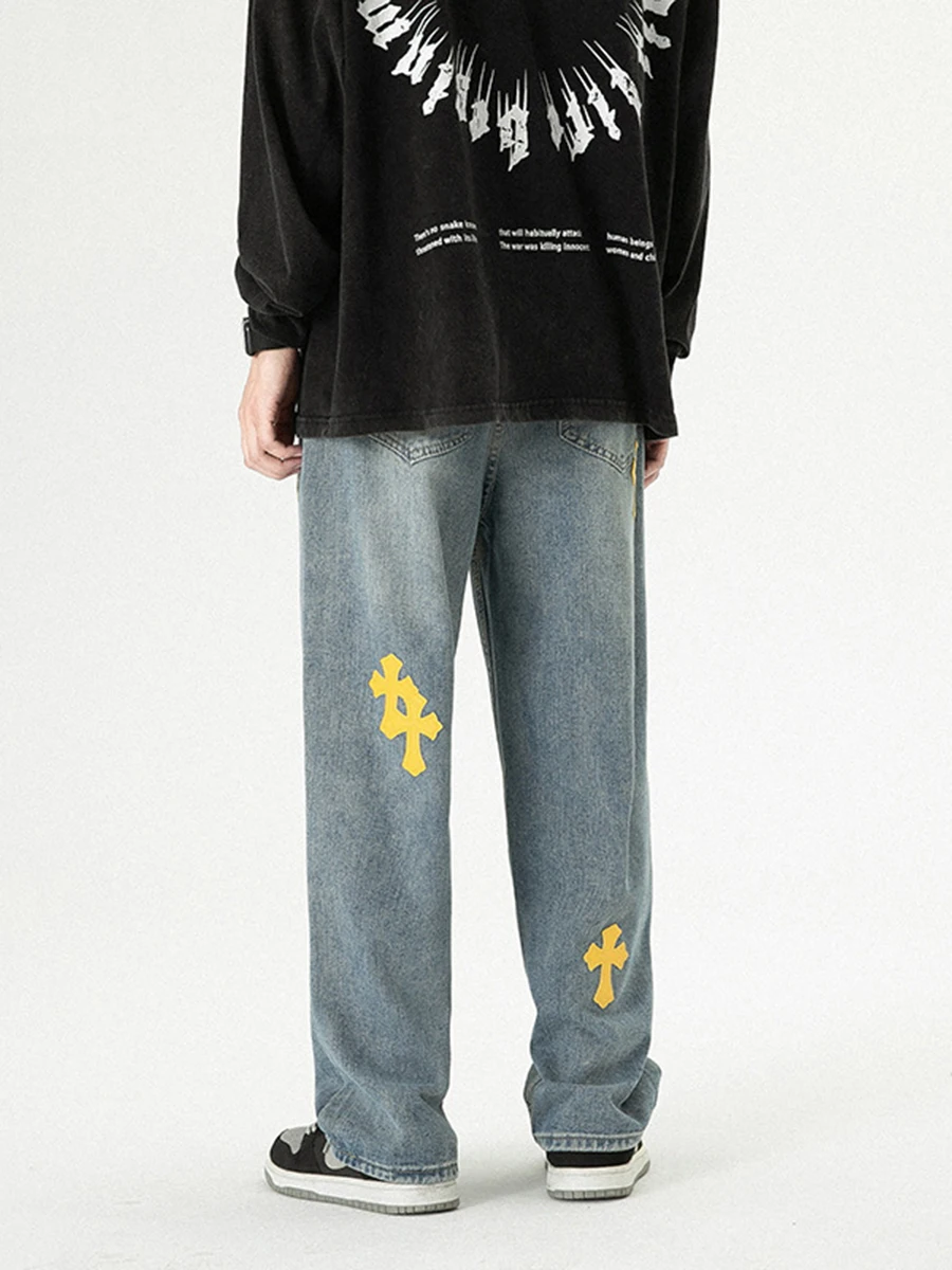 Four Seasons Men's Jeans American Trend Street Loose Cross Embroidery High Street Y2k Men Jeans Streetwear Men's Ins Hot Sale
