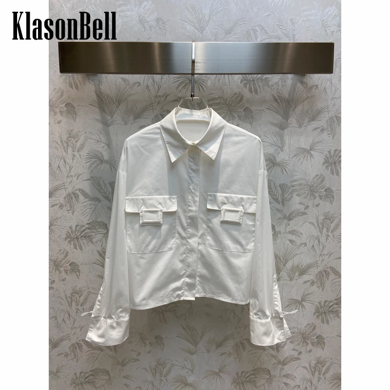 11.12 KlasonBell White Cuffs Drawstring Letter Pocket Loose Short Cotton Shirt Women