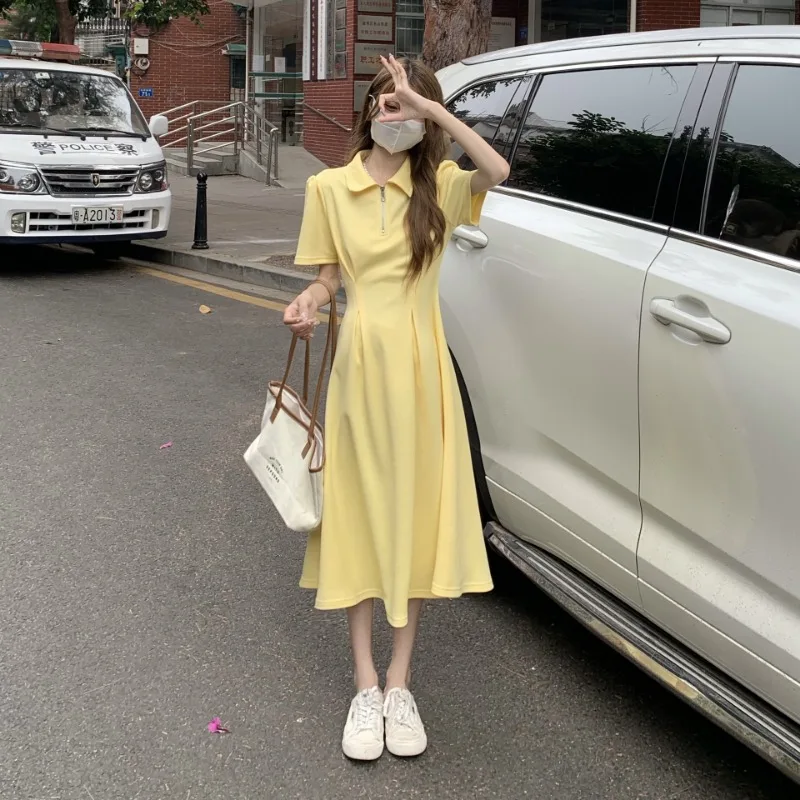 

Summer Polo-neck Patchwork Slit Dresses Korean Fashion Elegant Oversized Robe Ladies Temperament Waist Dress Vestidos Streetwear