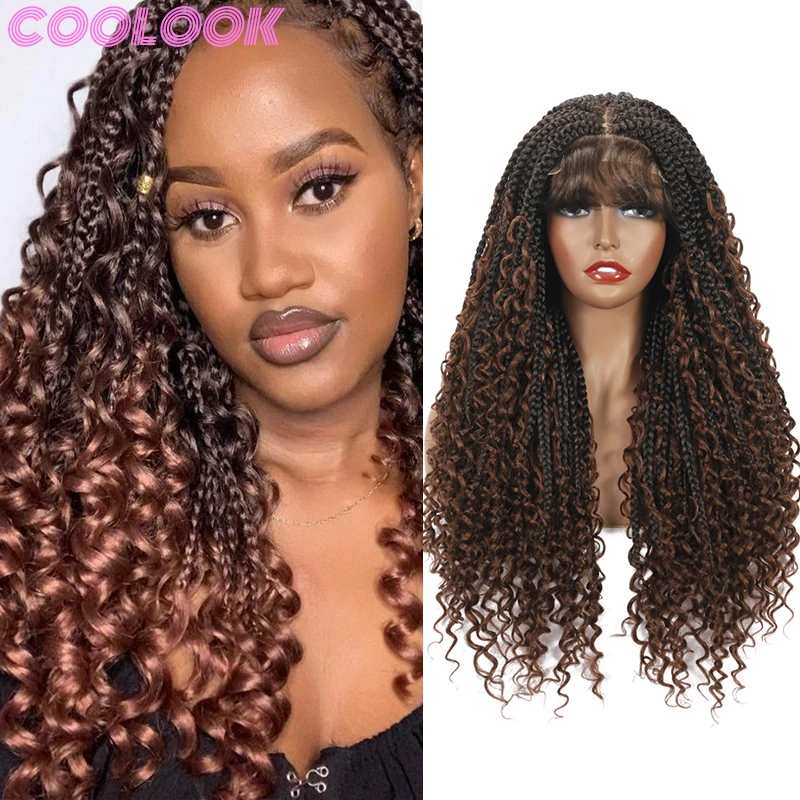 20inch Brown Box Braided Lace Front Wigs for Women Synthetic Ombre Red Box Braids Lace Curly Wig with Baby Hair Perruque Cosplay