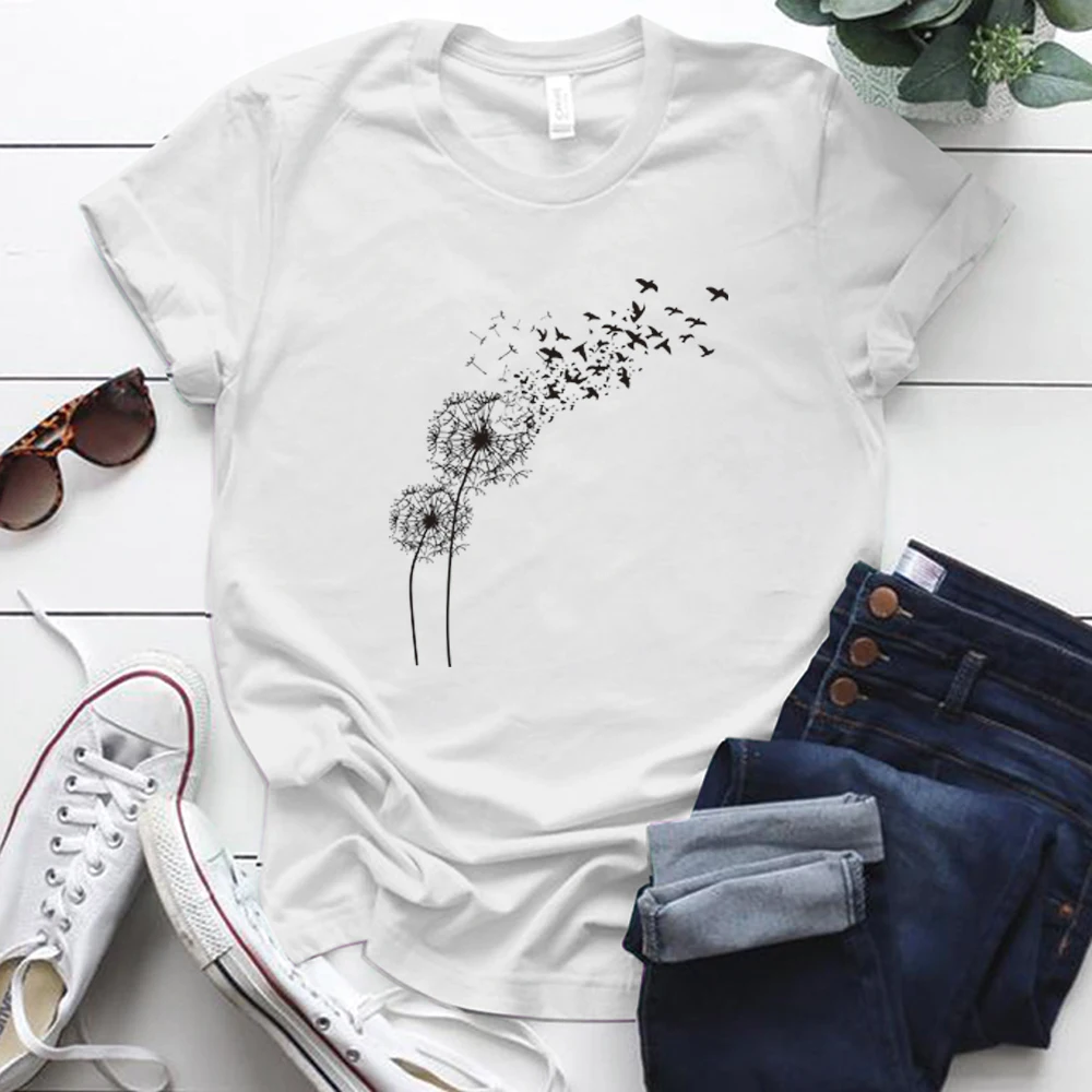

Dandelion Printing Graphic Cotton Summer Short Sleeves For Womens Female Regular Basic T-shirts Cute Tees Tops For Lady
