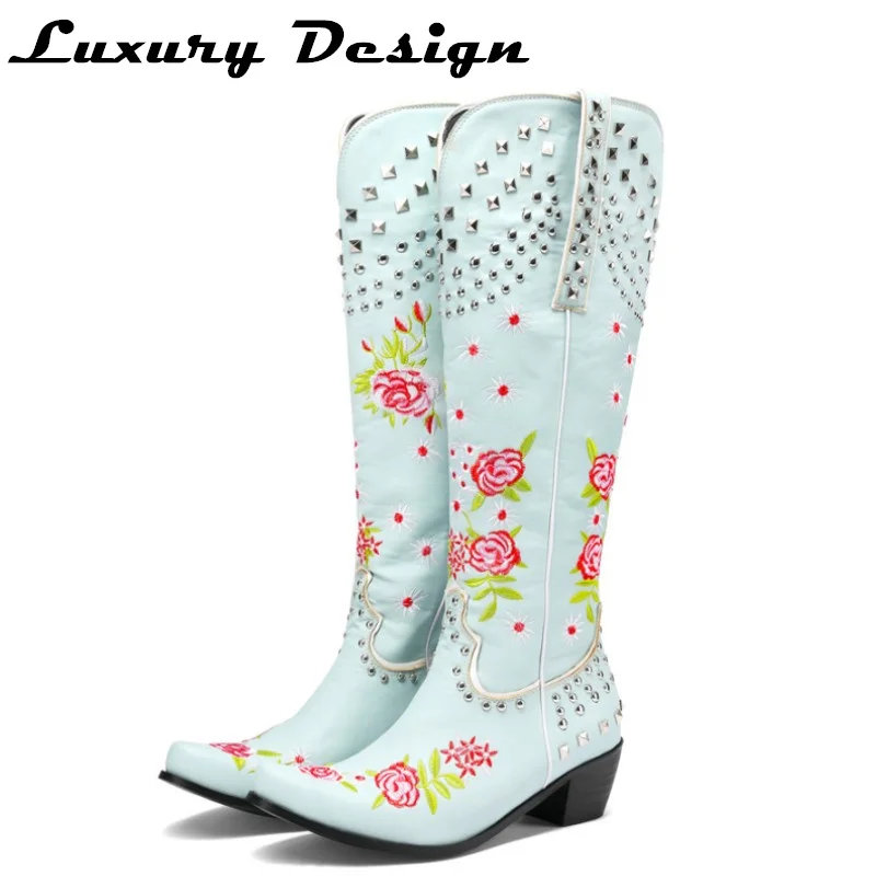 

New Embroidered Rivet Western Cowboy Women Boots Pointed Toe Square Heels Vintage Knight Boots Cowgirl Boots Women's Shoes