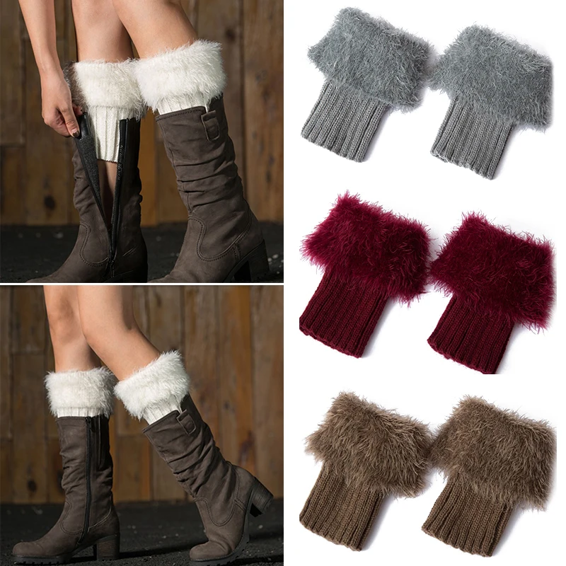 

Women Girls Winter Warm Crochet Knit Boot Cuffs Topper Thicken Furry Plush Solid Color Stretchy Short Leg Warmers Socks