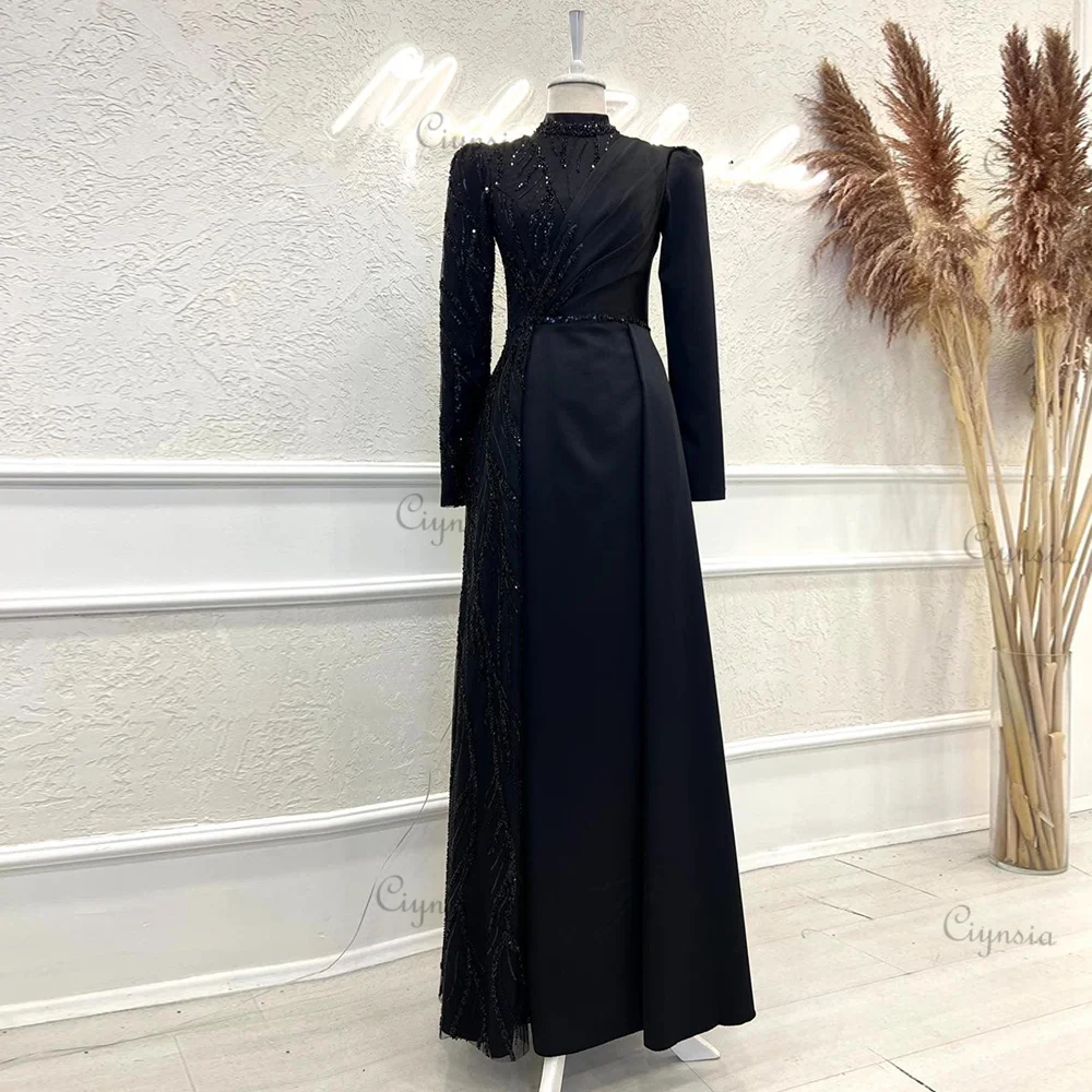 

Ciynsia Islamic Muslim Evening Dresses for Women Luxury A-Line Satin Black Formal Dress Long Sleeves High Neck Robe De Soiree