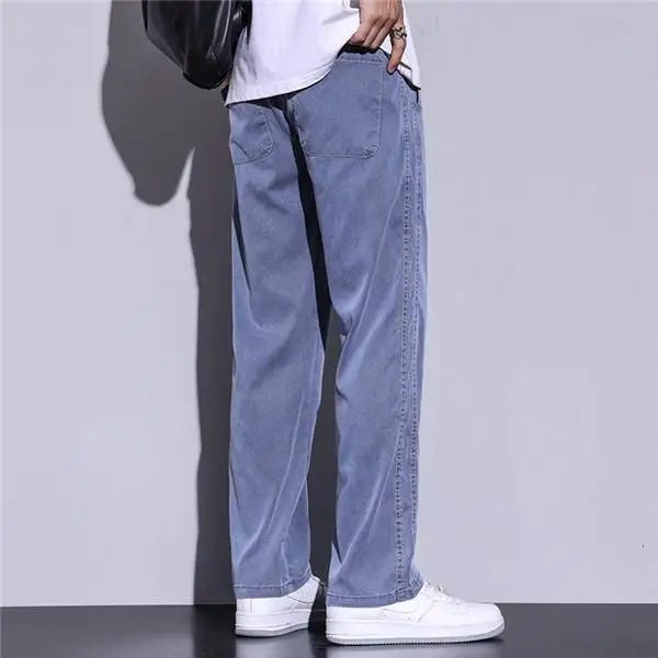 Men's Lyocell Fabric Summer Jeans Straight Tube Loose Thin Belt Drawstring Elastic Waist Drop Feeling Ice Silk Pants, Large Size
