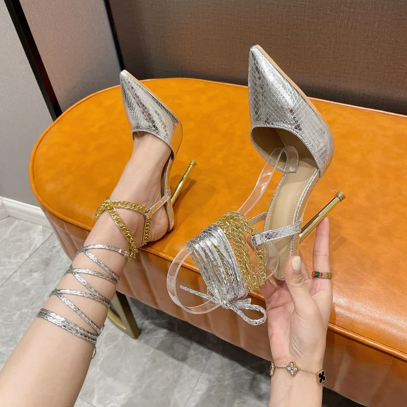 

Woman Pumps Pointed Toe Sandals Fashion Cross-Tied Thin High Heels 2022 New Silver Summer Shoes For Women Party Chain Female S