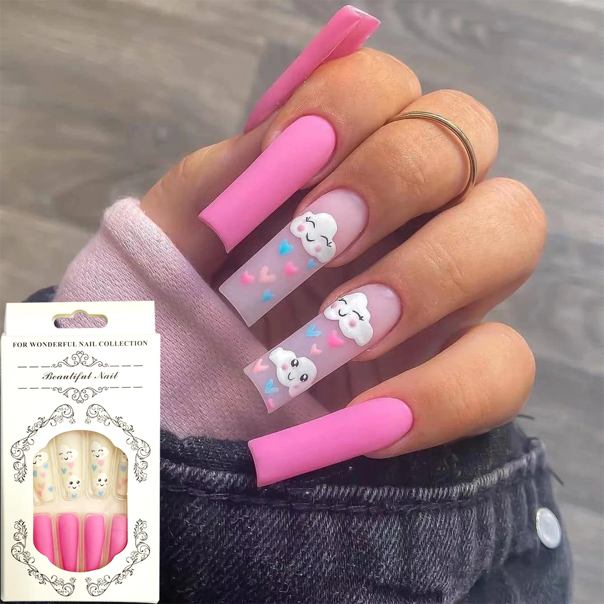 

24pcs Stiletto Ballerina Fake Nail Long Cloud Smiley Full Cover Tips Coffin Press on Art Acrylic Decal with Glue False Nails