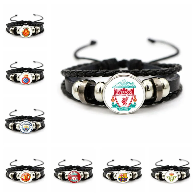 

England Football Club Logo Bracelet Barcelona Madrid Spain Leather Woven Beaded Bracelet Charm Snap Button Jewelry