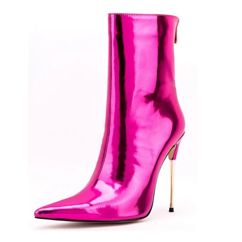 

Iridescent Mirror Leather Pointed Toe Ankle Boots Back Zipper Metal Stiletto High Heels Short Bootie Green Fuchsia Pink Blue