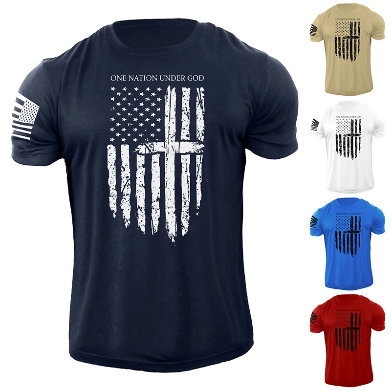 

USA Flag T-shirt Men One Nation Under God America Graphic Tops New Summer Fitness Active Wear Bodybuilding Navy Blue Cotton Tees