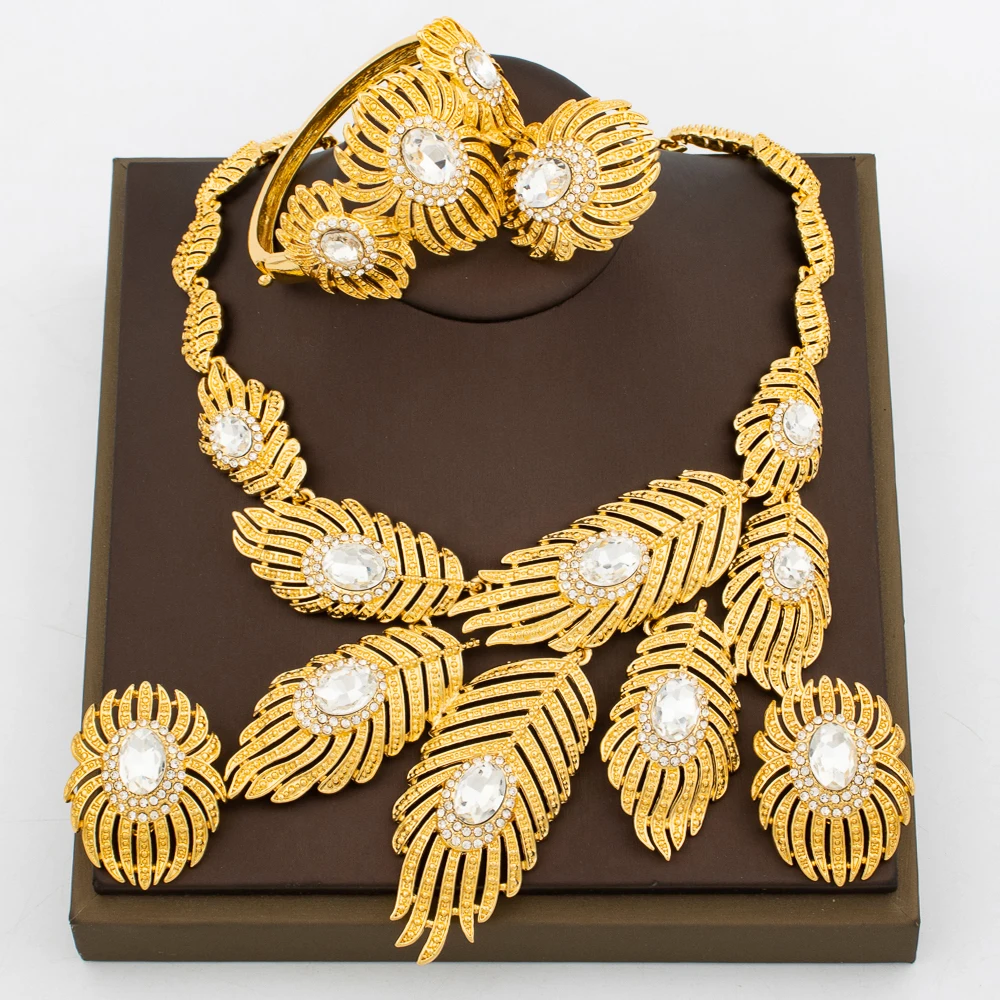 

Luxury Crystal Jewelry Set for Weddings Bridal 18k Gold Plated Large Necklace Earrings with Bangle Ring Set for Dubai Jewelry