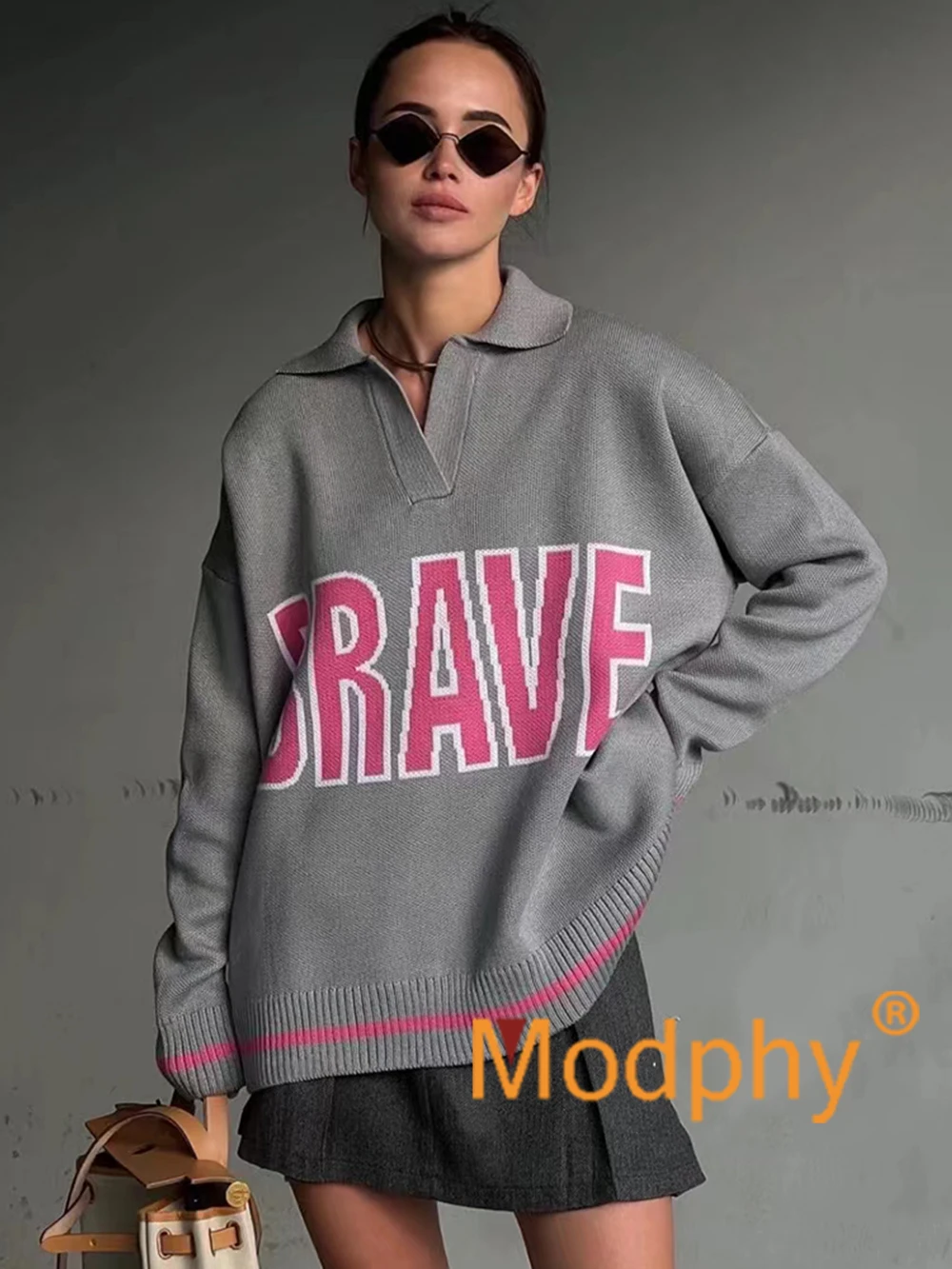 

Modphy Women Loose Letter Printed knit Sweaters Oversized Long Sleeve Knitted Pullover Autumn Casual Female Sweater Dresses Top