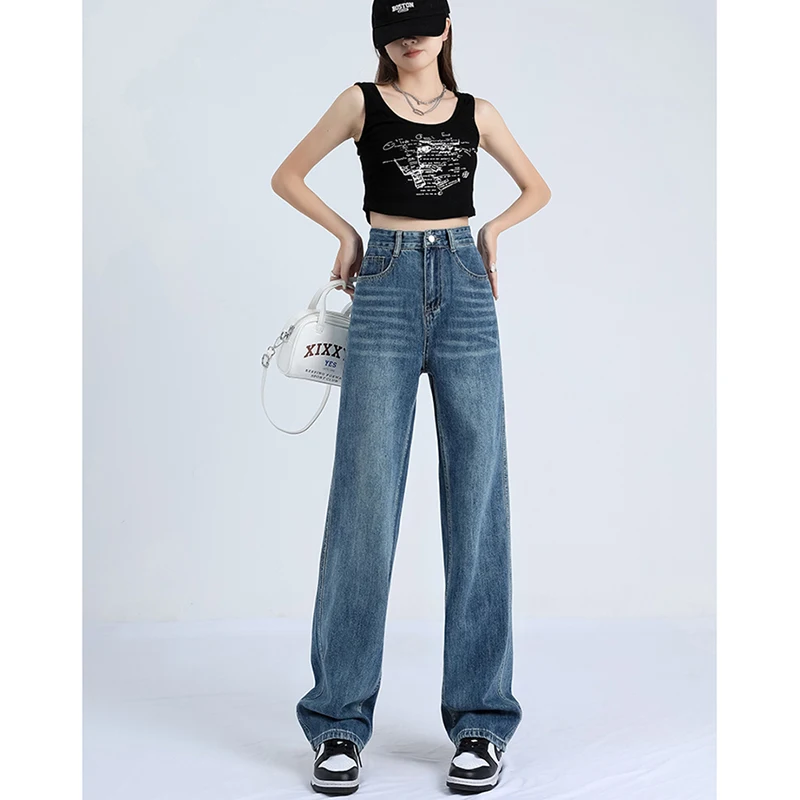 2023 denim trousers women's summer blue casual new thin material Korean version high waist loose straight drape mopping trousers