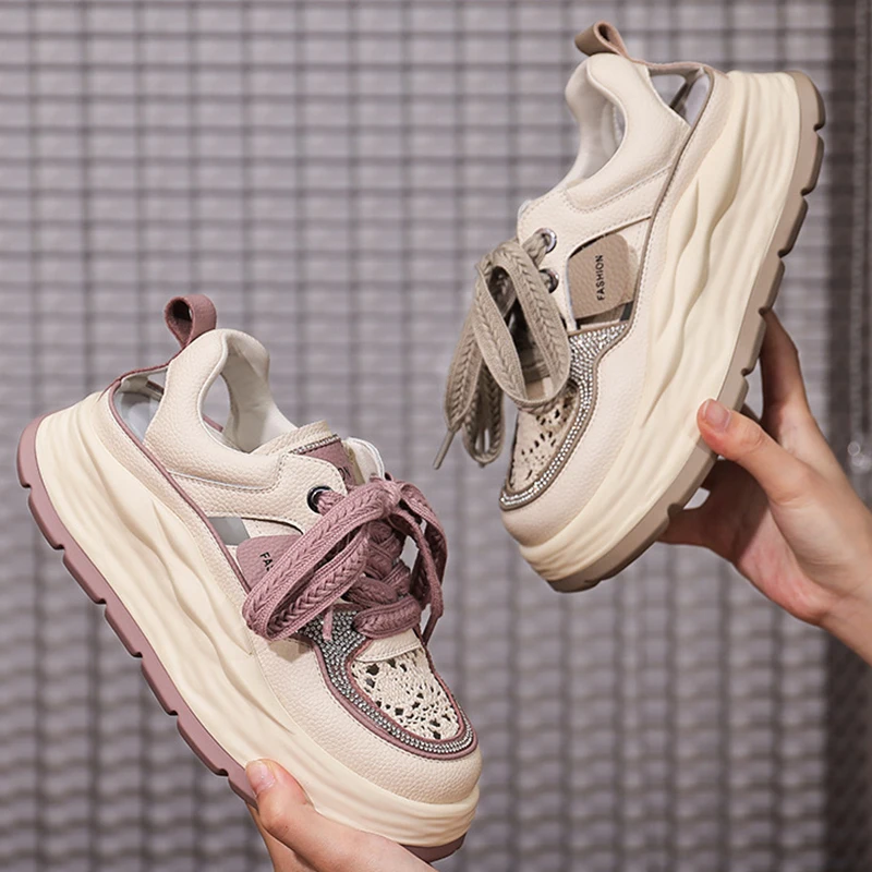 5cm Lace Rhinestone Decor Genuine Leather Slides Hollow Ladies Summer Breathable Ankle Boots Women Platform Sandals Wedge Shoes