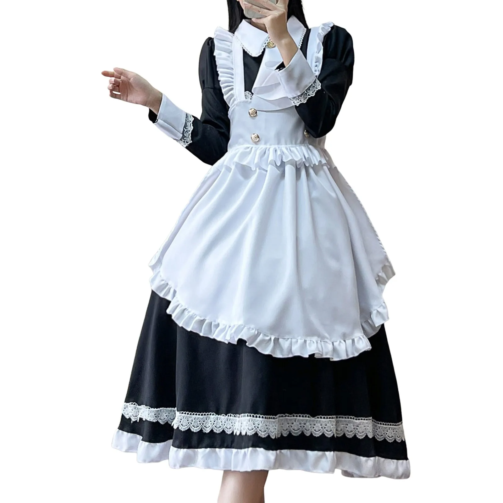 

Elegant And Pretty Women's Maid Outfit Dresses Long-Sleeved Pleated Lolita Style Cosplay Costume Temperament Female White Dress