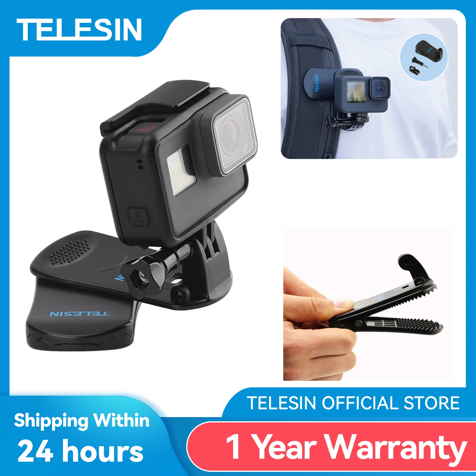 TELESIN – Clip de fixation de sac à dos à Rotation de 360 degrés pour GoPro Hero 11 10 9 8 7 6 5