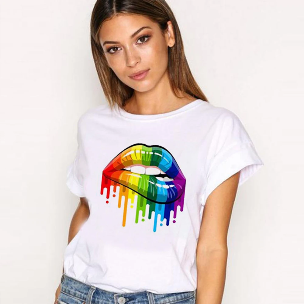 

2022 New women men Summer Tops Tees Sexy color Lips Painted t-shirt Short Sleeve brand fashion round neck tshirt camiseta mujer