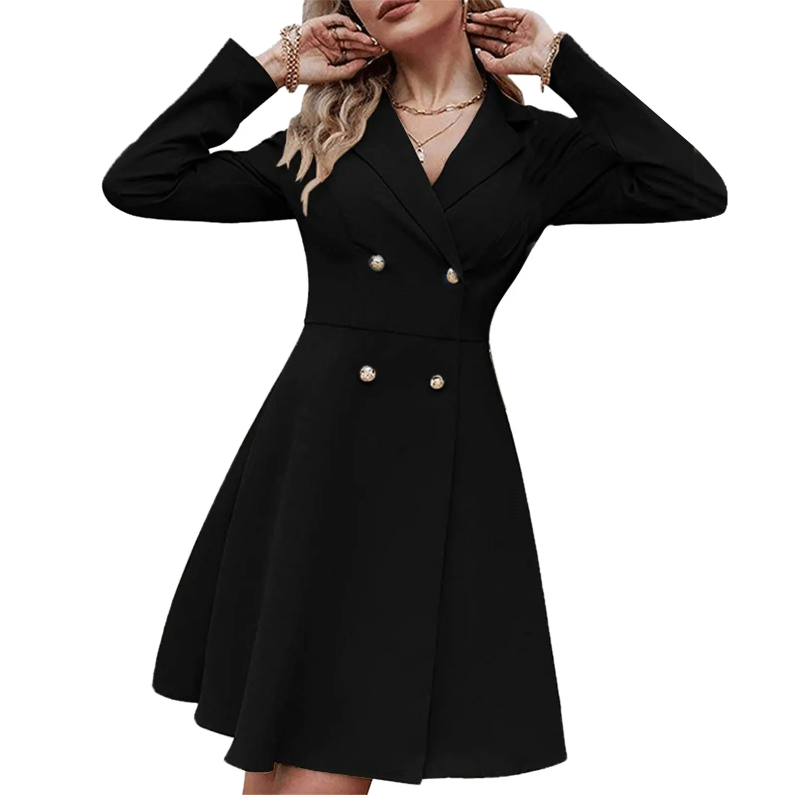 

Womens Long Sleeve Elegant Dress Solid Double Breasted Slim Fit Suit Dress Women Dresses Mini