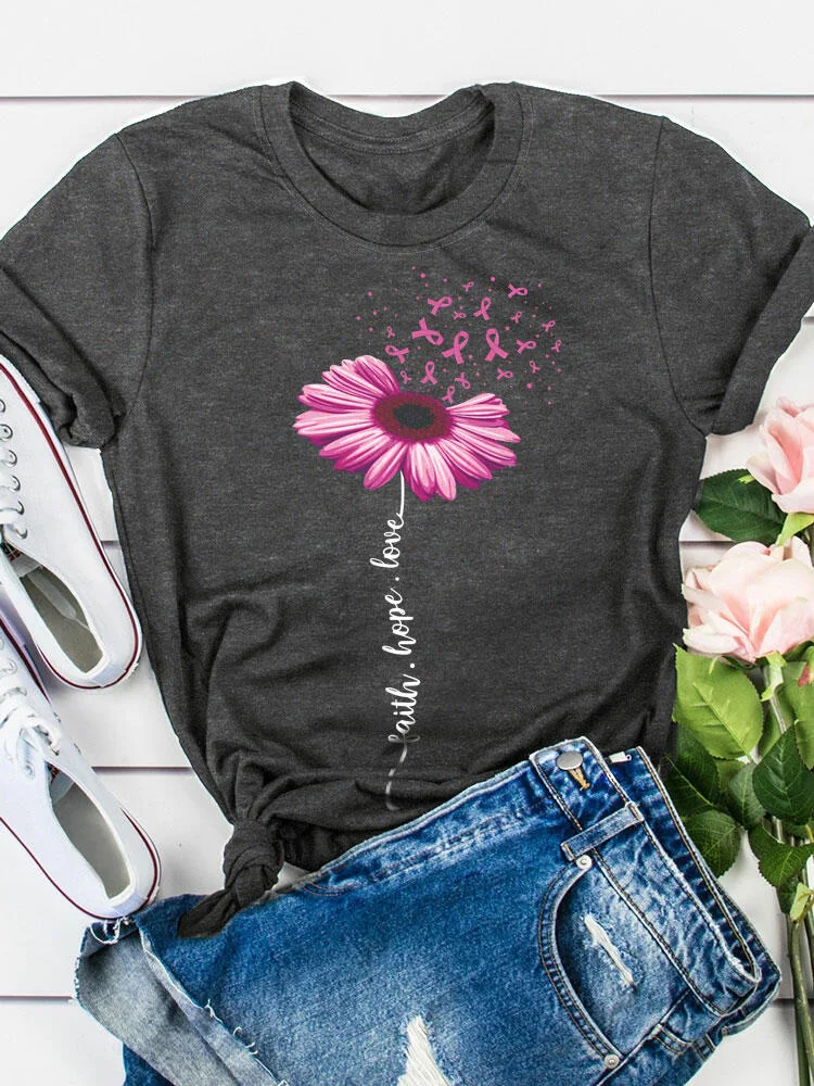 

Women Sunflower Ribbon Faith Hope Love Graphic Tees Short Sleeve T Shirts Tops Short Sleeve Casual Tee Tops Cancer Survivor Gift