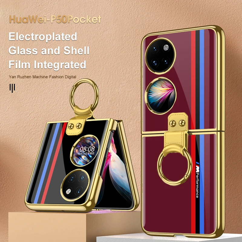

GKK Tempered Glass Ring Stand Case For Huawei P50 Pocket Case Luxury Painted Plating Plastic Edge Cover For Huawei P50 Pocket 4G
