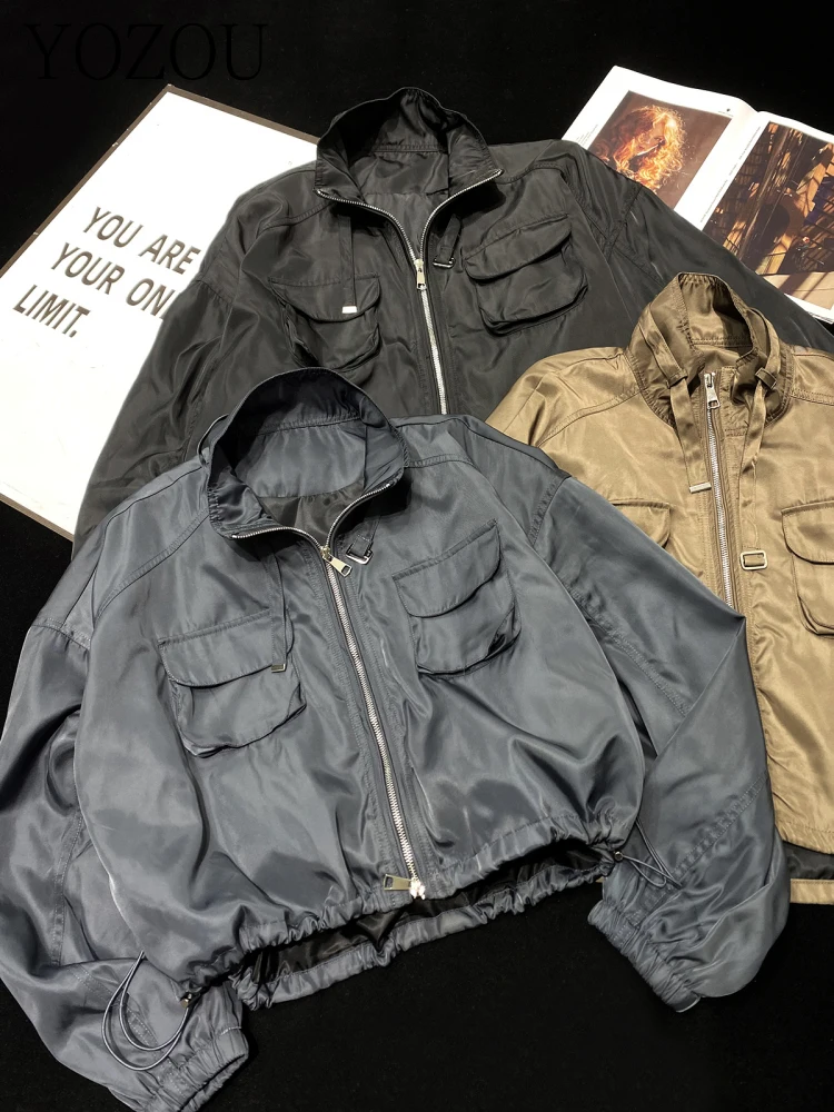 

Свободная однотонная ветровка [YOZOU] в стиле оверсайз с карманами, Короткие уличные куртки, пальто на молнии, верхняя одежда, черная, коричневая, серая, Kpop