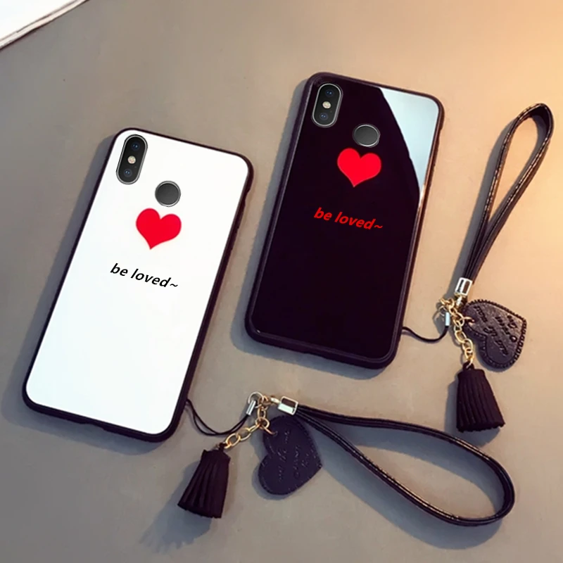 

BONVAN Tempered Glass Hard Case For Xiaomi Mi Mix 2 2s 3 4 Love Heart Lanyard Cover For Xiaomi Mi Max 2 3 Wristband Couqe Capa