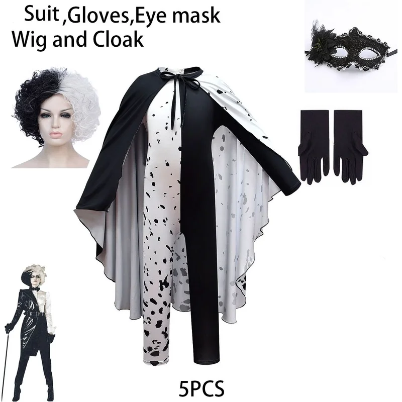 

New Movie Evil Madame Cruella De Vil Cosplay Costume Girls Gown Black White Maid Dress Halloween Party Costumes with Mask Wig