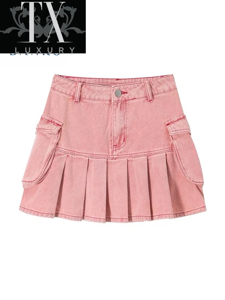 

Y2k Pink Denim Pleated Mini Summer Korean Fashion Sexy High Waist Harajuku Jupe Streetwear Pockets All-Match Jeans Skirts