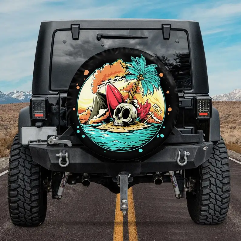 

Unique Spare Tire Covers, Summer Skull On The Beach Spare Tire Cover With Or Without Backup Camera Hole, Nature Tire Cover, Beac
