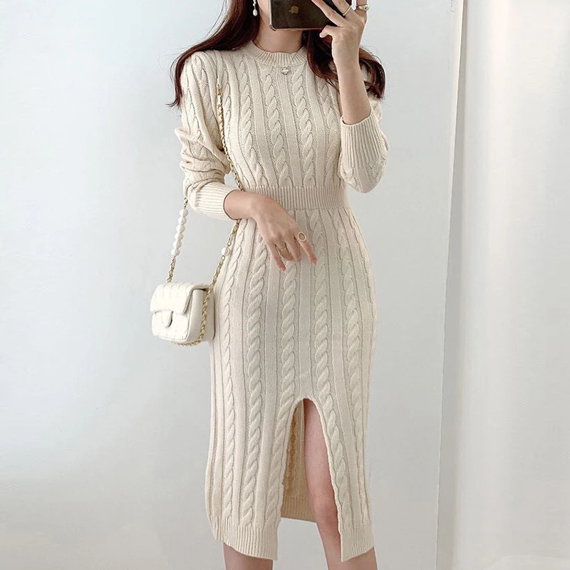 

japaness kawaii elegant women wear knitting dress sweater midi dresses Korean chic autumn winter temperament round neck