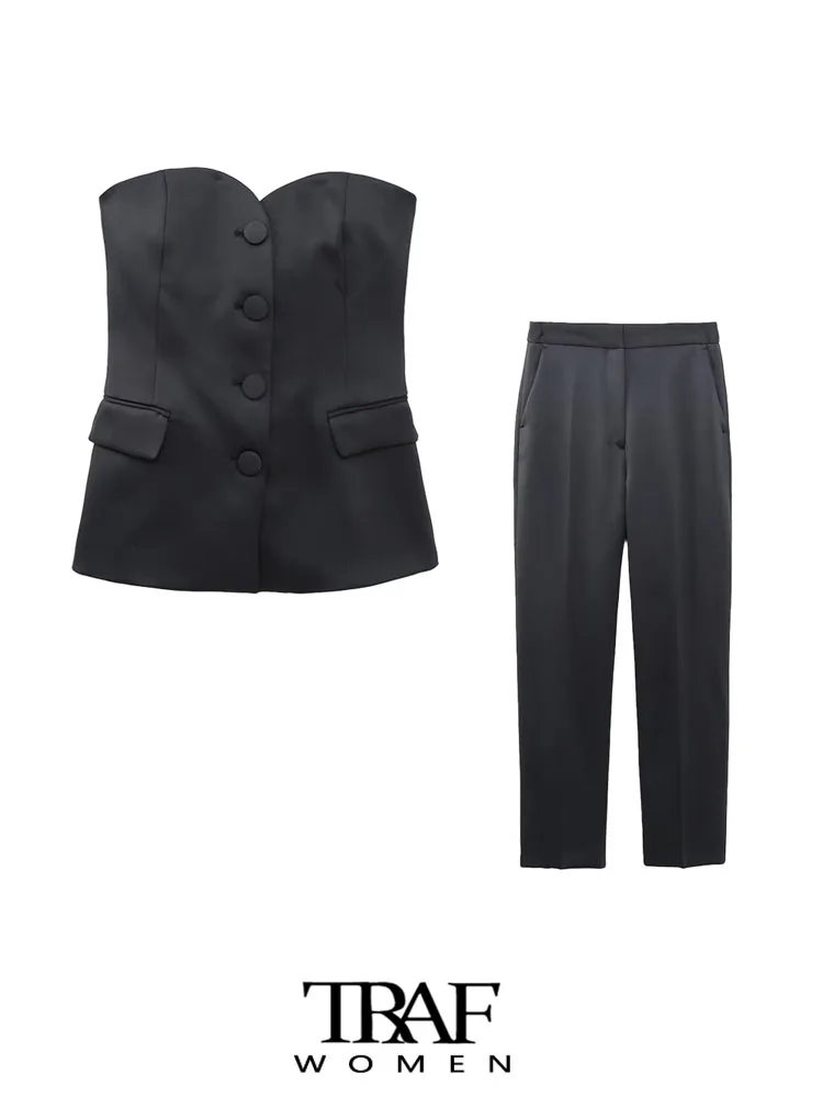 

TRAF Women Fashion Front Button Strapless Bustier Tops And High Waist Zipper Fly Ankle Trousers Female Two Piece Sets Mujer