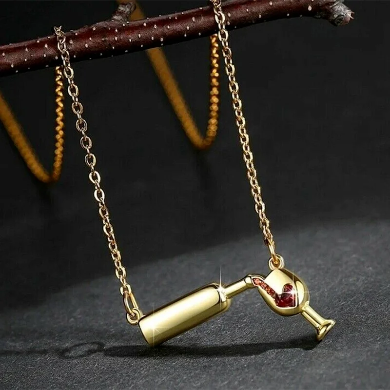

Retro heart Red Wine Bottle Cup Clavicle Chain Necklace for Women Creative Jewelry 2021