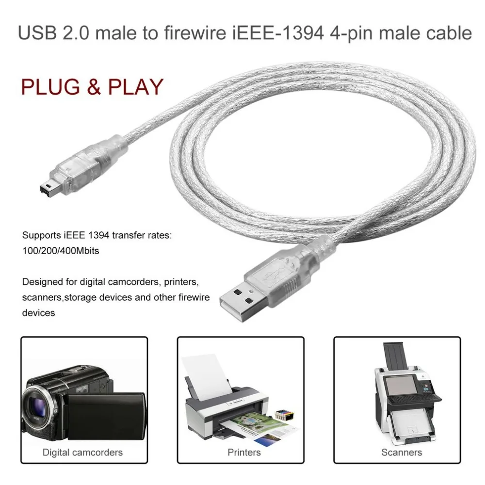 1.2m USB 2.0 to iEEE-1394 Cable Adapter USB Male To Firewire iEEE 1394 4 Pin Male iLink Cable Male To Male Cable Flexible Cable